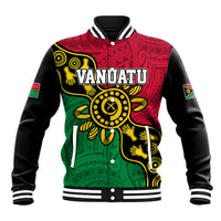 Personalised baseball jacket with red green Aboriginal dot art and VANUATU graphic