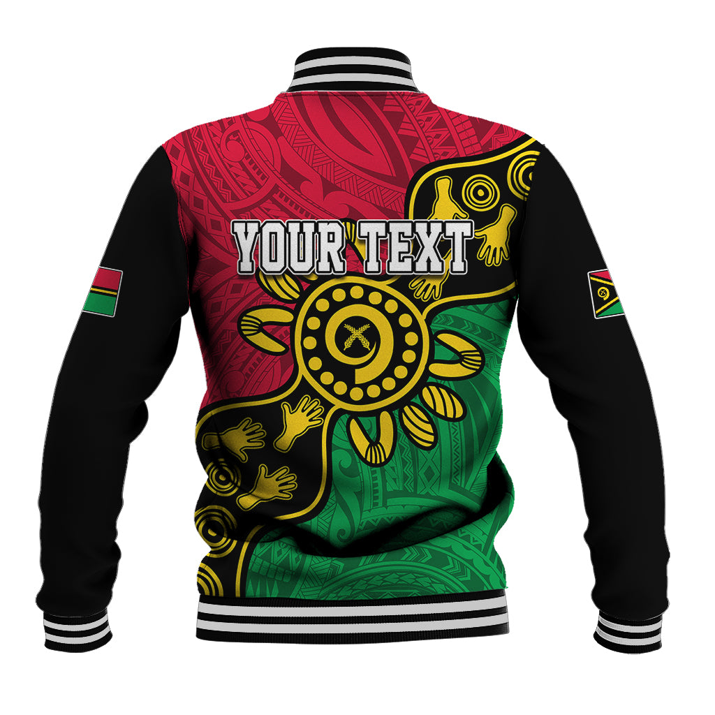 Personalised baseball jacket with red green Aboriginal dot art and YOUR TEXT back print