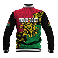 Personalised baseball jacket with red green Aboriginal dot art and YOUR TEXT back print