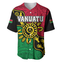 Baseball jersey with VANIATU graphic, red/green/black tribal dot art front