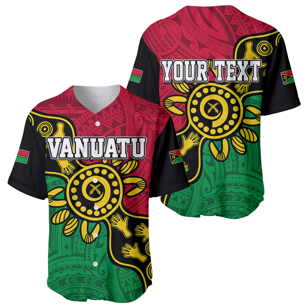 Two baseball jerseys, VANIATU and YOUR TEXT, red/green/black tribal dot art fronts