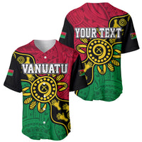 Two baseball jerseys, VANIATU and YOUR TEXT, red/green/black tribal dot art fronts