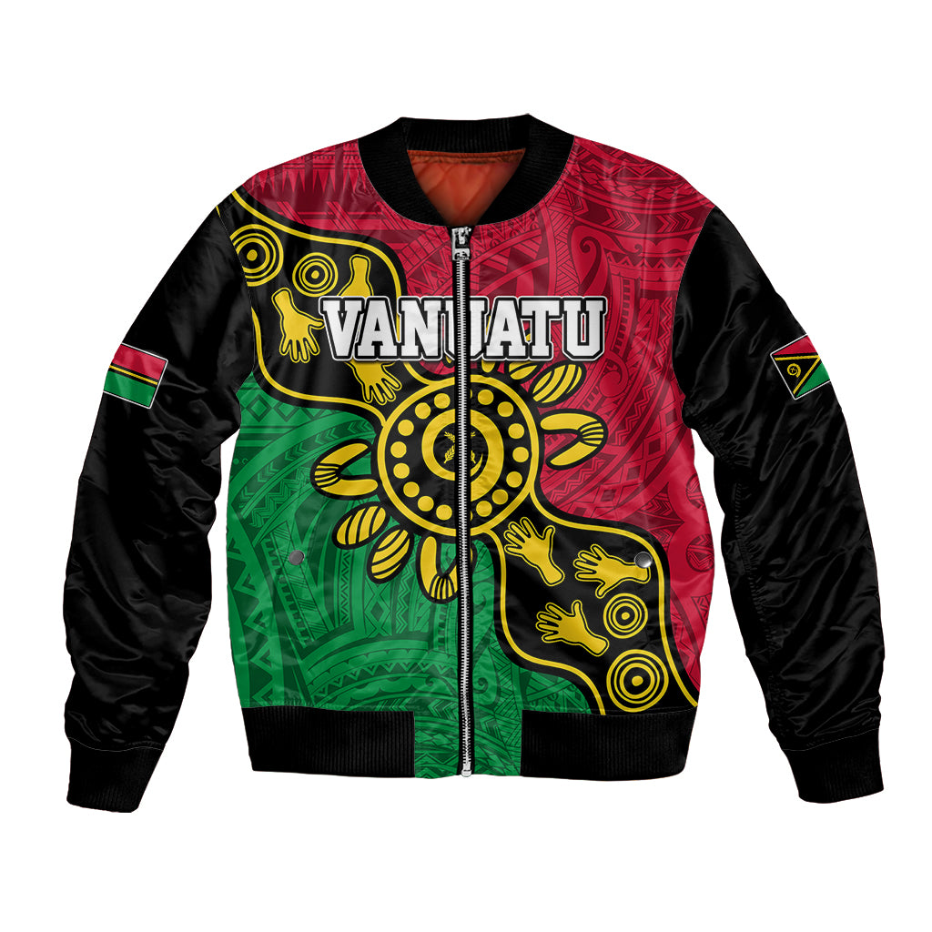Unisex bomber jacket with full-zip front, black sleeves, multicolor dot art and VANIATU graphic