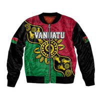 Unisex bomber jacket with full-zip front, black sleeves, multicolor dot art and VANIATU graphic