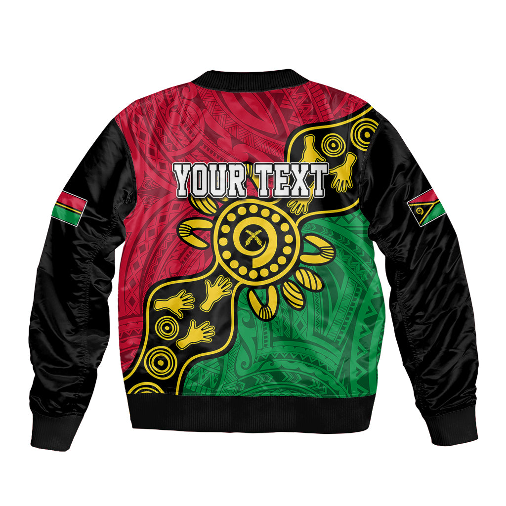 Unisex bomber jacket with full-zip front, black sleeves, red/green dot art with YOUR TEXT