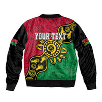 Unisex bomber jacket with full-zip front, black sleeves, red/green dot art with YOUR TEXT