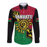 Long-sleeve button shirt with black sleeves and Vanuatu graphic, red and green front