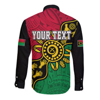 Long-sleeve button shirt with black back, red and green dot art and 'YOUR TEXT'