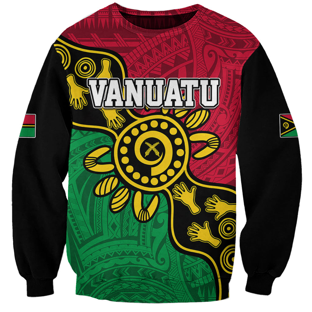 Unisex crewneck sweatshirt with red, green, yellow Vanuatu dot-art graphic on dark fabric