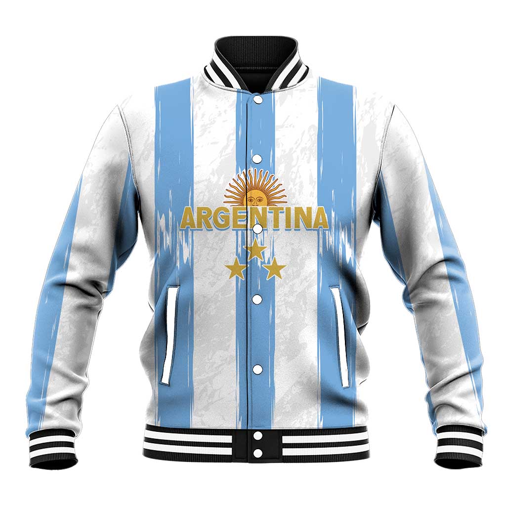 Unisex baseball jacket, white/blue vertical panels, Argentina text and stars on front, snap buttons