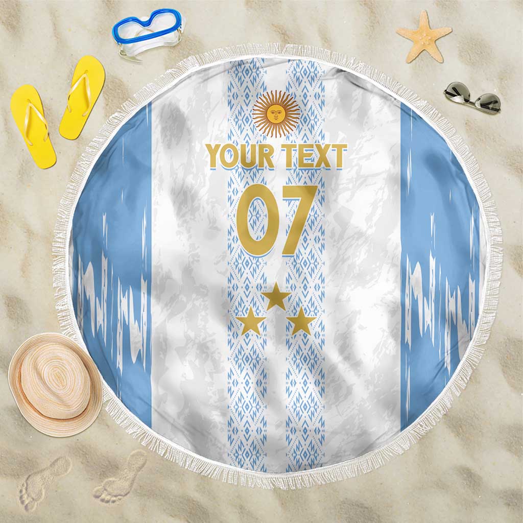 Round 150cm beach blanket with fringe, blue/white 'YOUR TEXT 07' Argentina design