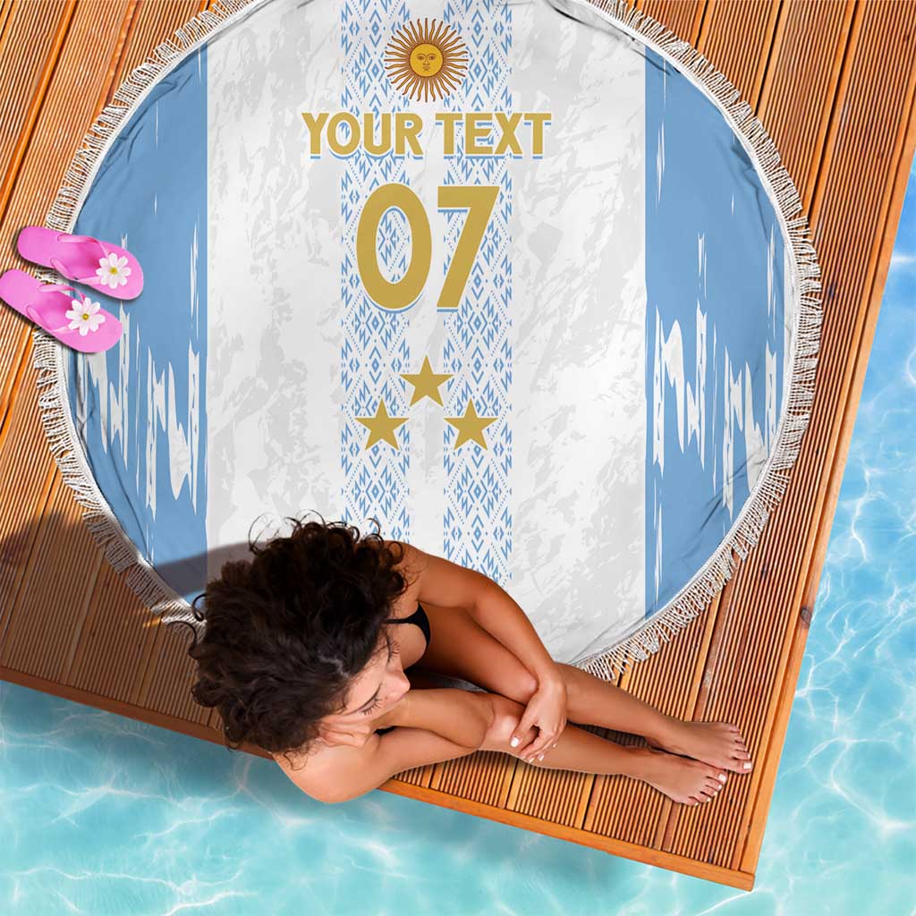 Top view of round 150cm beach blanket with fringe, blue/white 'YOUR TEXT 07' design