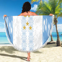 Hanging round 150cm beach blanket with fringe, blue/white 'YOUR TEXT 07' Argentina design