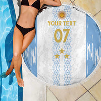 Close-up of round 150cm beach blanket with fringe, blue/white 'YOUR TEXT 07' Argentina design