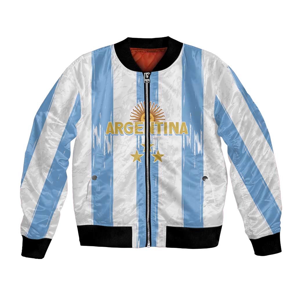 Unisex bomber jacket with blue-and-white diagonal stripes, front zipper, black rib trim