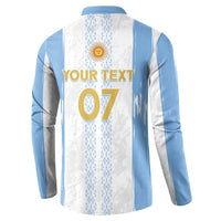 Argentina striped button sweatshirt with sun emblem and 'YOUR TEXT 07' graphic