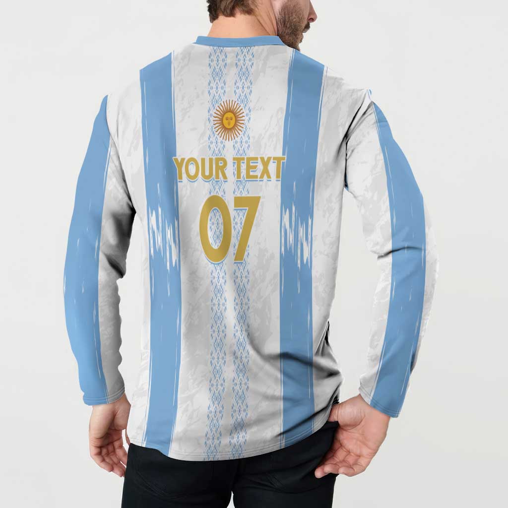 Argentina striped button sweatshirt back with 'YOUR TEXT 07' and sun emblem