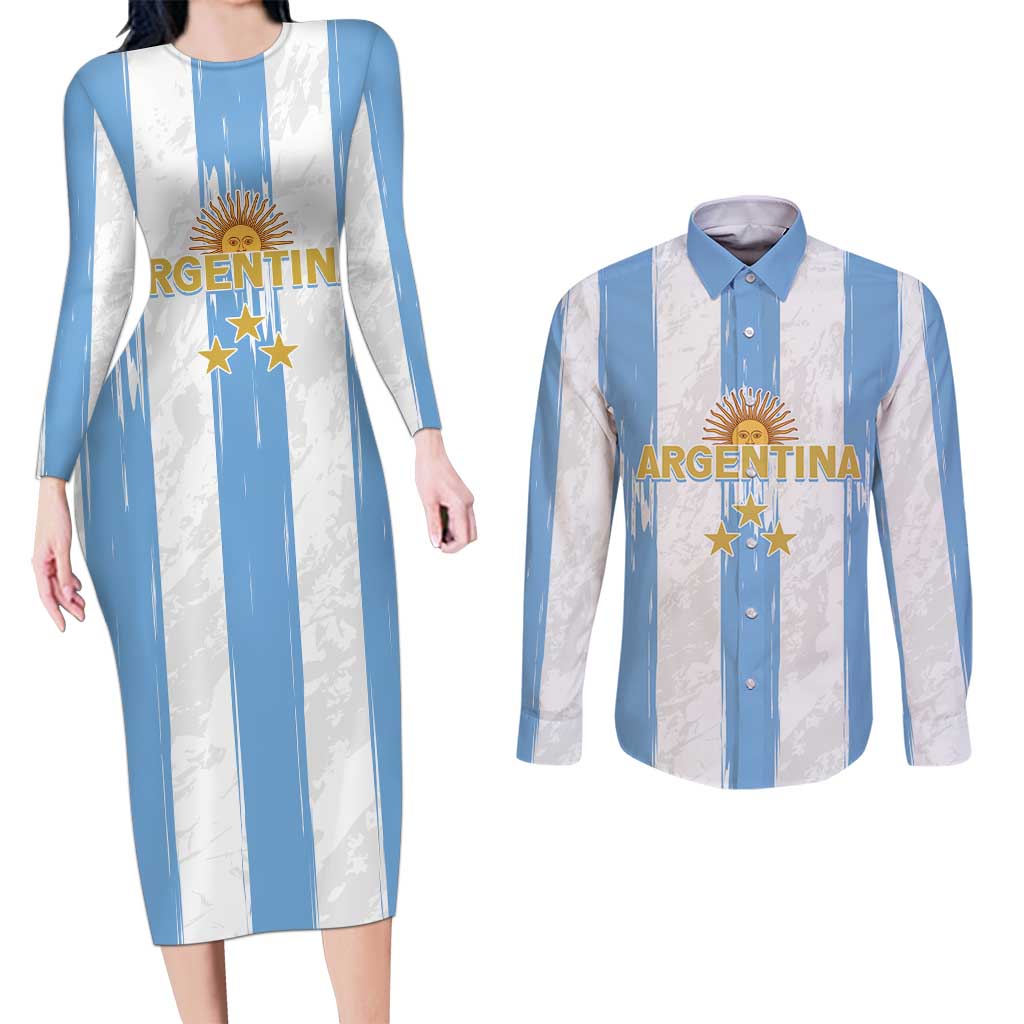 Argentina Football Custom Couples Matching Long Sleeve Bodycon Dress and Long Sleeve Button Shirt 2024 Albiceleste Grunge LT7 - Wonder Print Shop