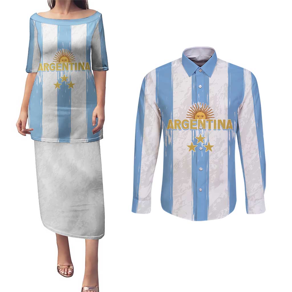 Argentina Football Custom Couples Matching Puletasi and Long Sleeve Button Shirt 2024 Albiceleste Grunge LT7 - Wonder Print Shop