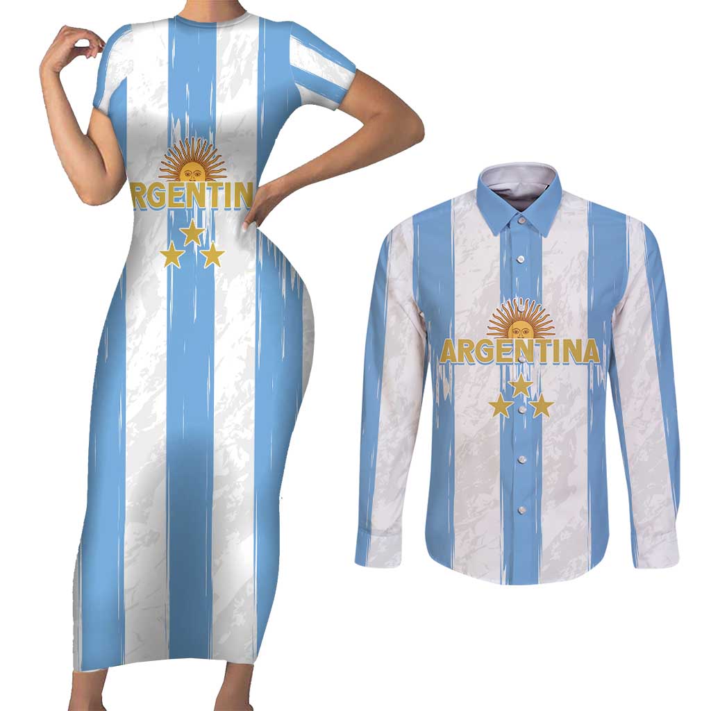 Argentina Football Custom Couples Matching Short Sleeve Bodycon Dress and Long Sleeve Button Shirt 2024 Albiceleste Grunge LT7 - Wonder Print Shop