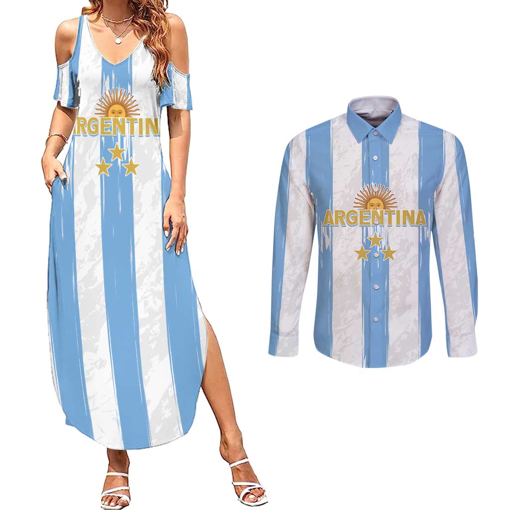 Argentina Football Custom Couples Matching Summer Maxi Dress and Long Sleeve Button Shirt 2024 Albiceleste Grunge LT7 - Wonder Print Shop