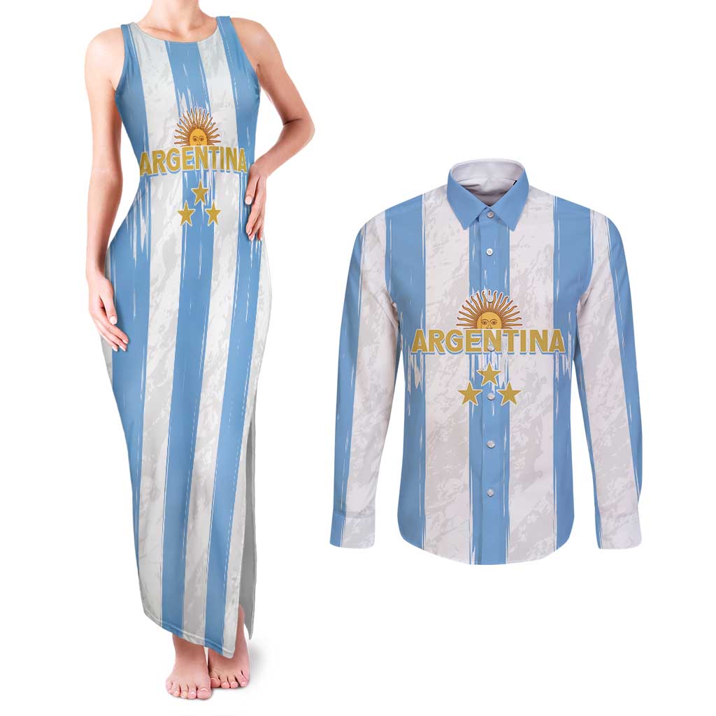 Argentina Football Custom Couples Matching Tank Maxi Dress and Long Sleeve Button Shirt 2024 Albiceleste Grunge LT7 - Wonder Print Shop