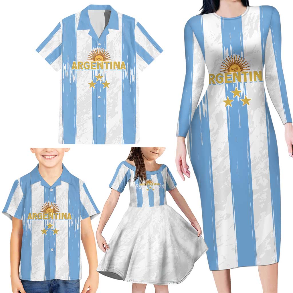 Argentina Football Custom Family Matching Long Sleeve Bodycon Dress and Hawaiian Shirt 2024 Albiceleste Grunge LT7 - Wonder Print Shop