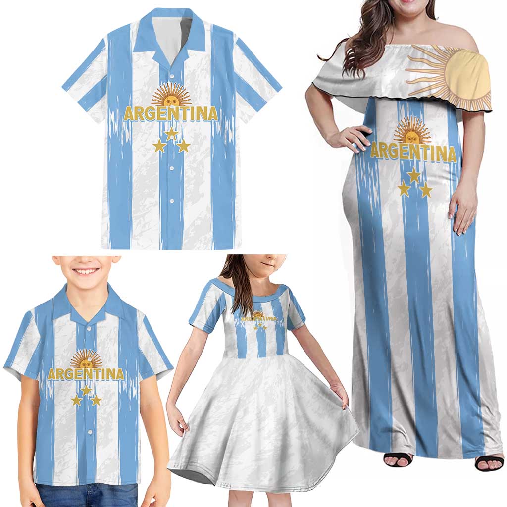 Argentina Football Custom Family Matching Off Shoulder Maxi Dress and Hawaiian Shirt 2024 Albiceleste Grunge LT7 - Wonder Print Shop