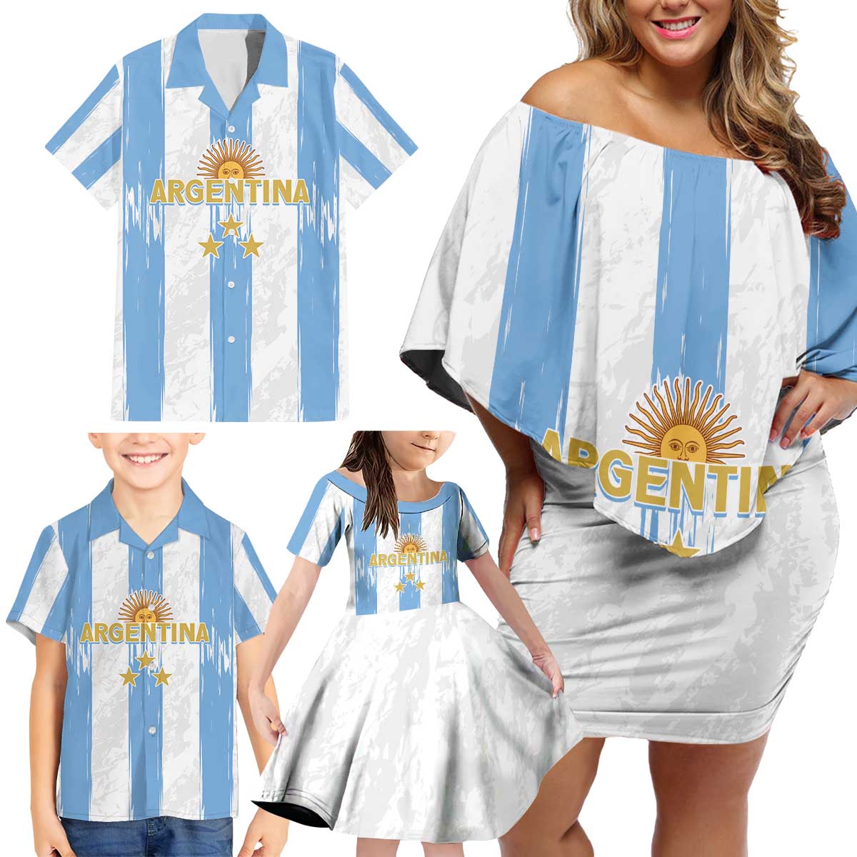 Argentina Football Custom Family Matching Off Shoulder Short Dress and Hawaiian Shirt 2024 Albiceleste Grunge LT7 - Wonder Print Shop