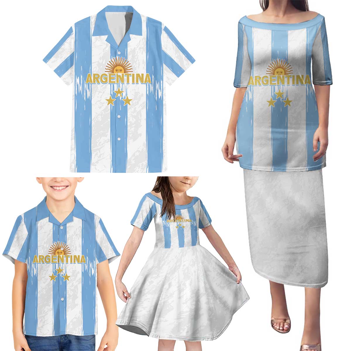 Argentina Football Custom Family Matching Puletasi and Hawaiian Shirt 2024 Albiceleste Grunge - Wonder Print Shop