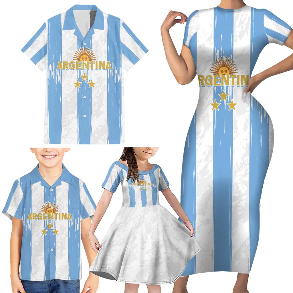 Argentina Football Custom Family Matching Short Sleeve Bodycon Dress and Hawaiian Shirt 2024 Albiceleste Grunge - Wonder Print Shop