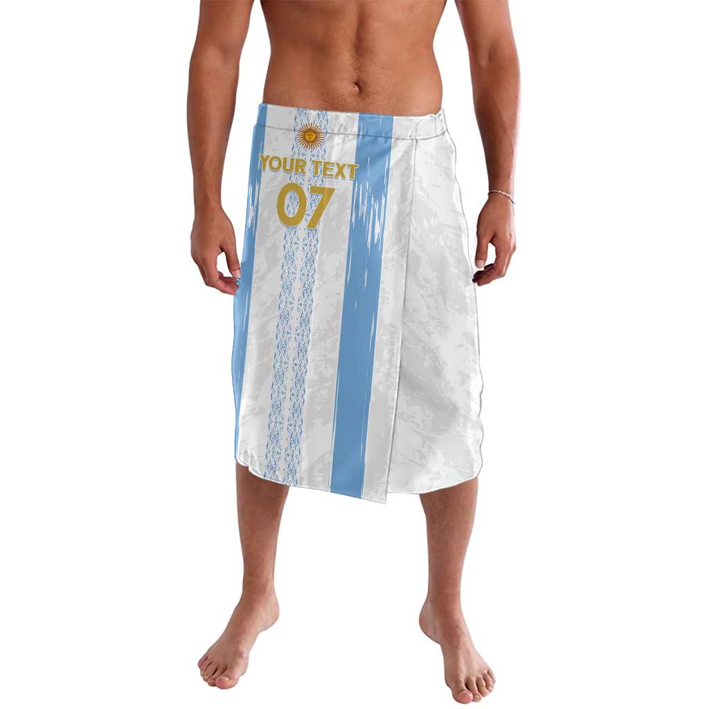 White knee-length lavalava skirt with light blue vertical stripe and printed 'YOUR TEXT 07'