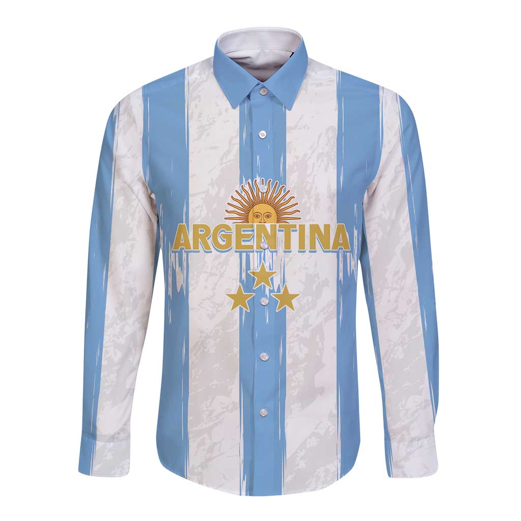 Argentina long-sleeve button shirt, blue-and-white vertical stripes, front emblem and buttons