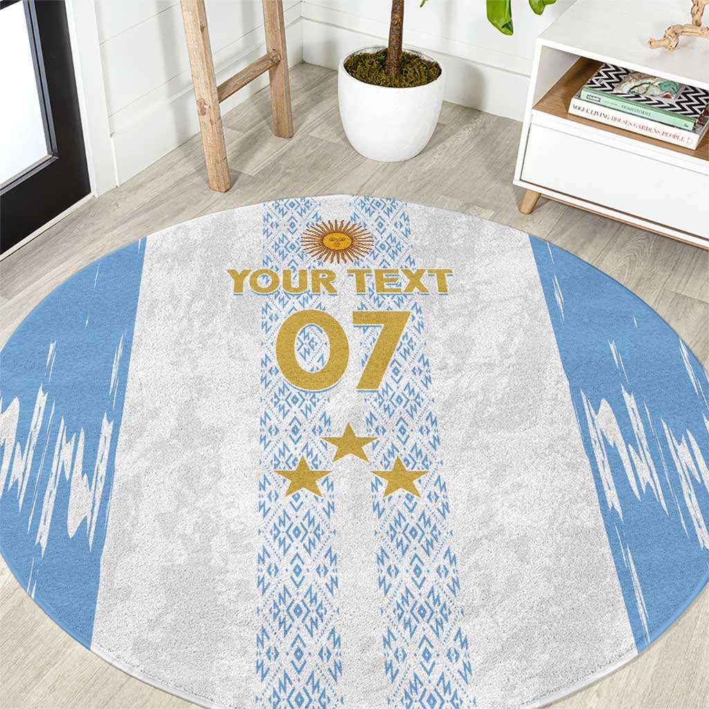 Round area rug featuring 'YOUR TEXT' and Argentina '07' blue-and-white design