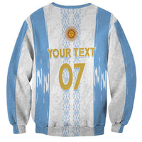 Unisex crewneck sweatshirt with gray and light-blue stripes, "YOUR TEXT" and 07 back print