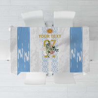 Custom football tablecloth with blue-and-white grunge stripes and central emblem graphic