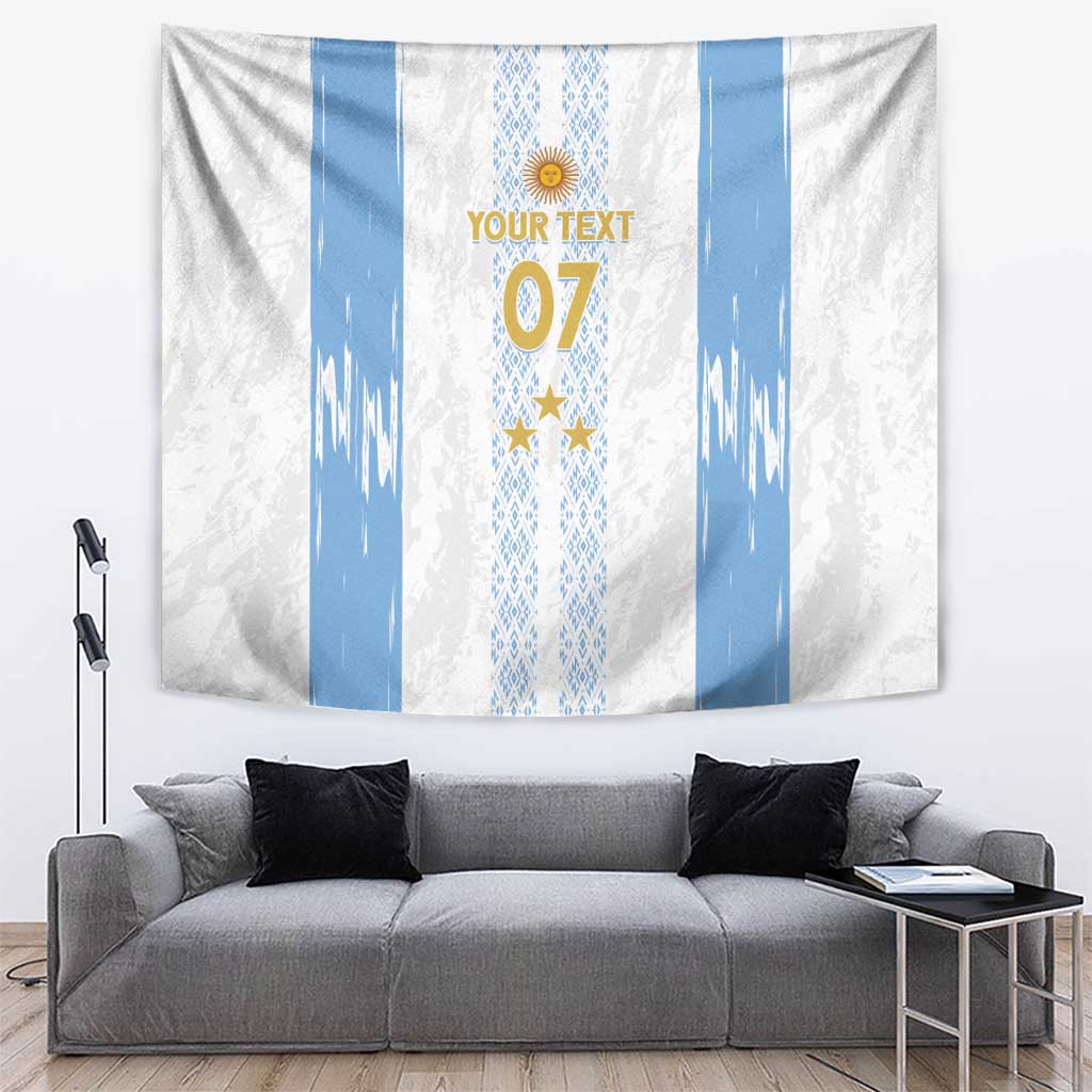 Argentina football-style custom wall tapestry, white with blue vertical stripes and center emblem, folds