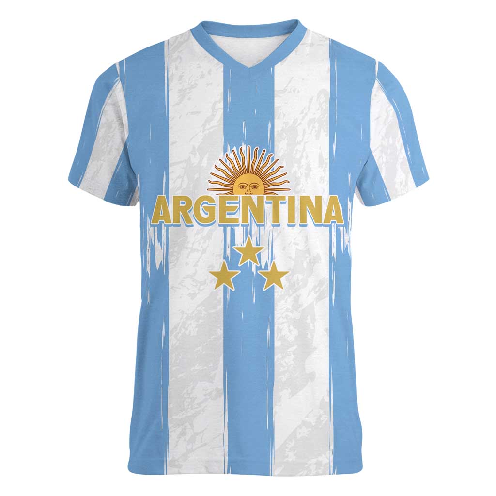 Argentina Football Custom Women V-Neck T-Shirt 2024 Albiceleste Grunge - Wonder Print Shop