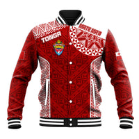 Red rugby baseball jacket with white geometric patterns, snap-button front, ribbed cuffs