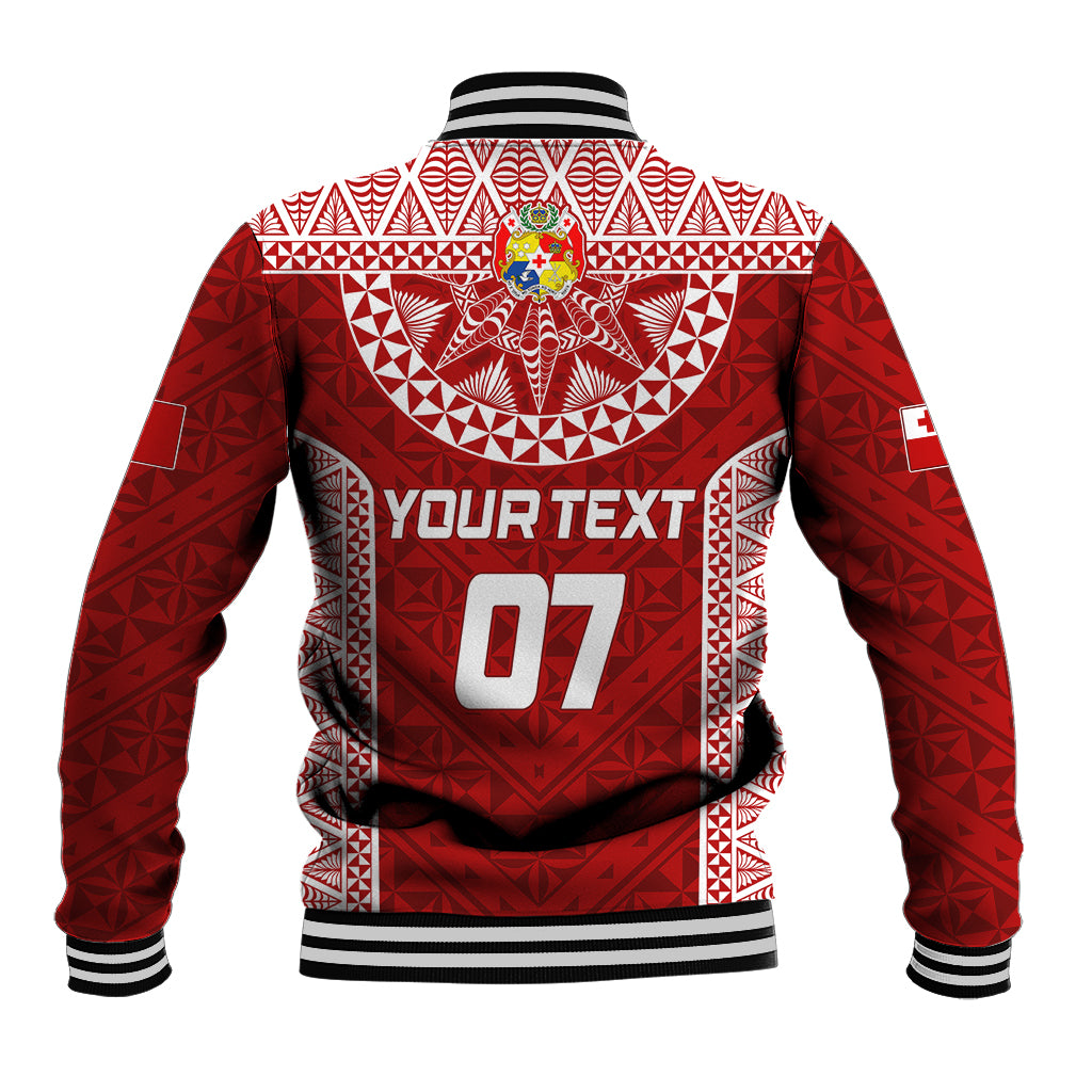 Red rugby baseball jacket back with crest, YOUR TEXT and 07, ribbed striped hem