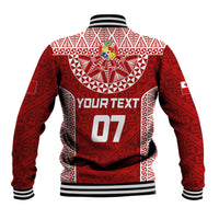 Red rugby baseball jacket back with crest, YOUR TEXT and 07, ribbed striped hem