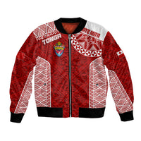 Red rugby bomber jacket with patterned panels and Tonga crest, front zip