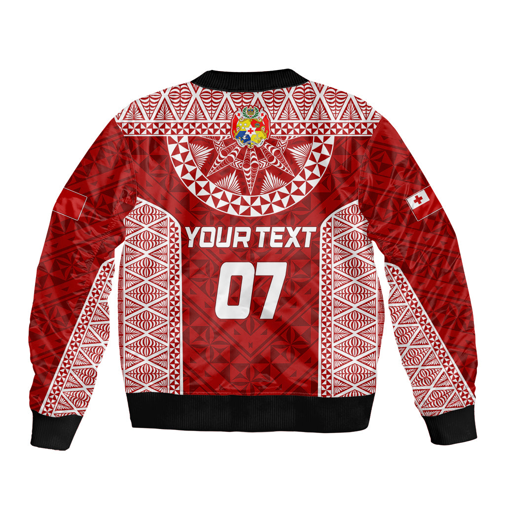 Red rugby bomber jacket back with 'YOUR TEXT' and '07', patterned yoke