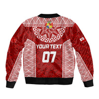 Red rugby bomber jacket back with 'YOUR TEXT' and '07', patterned yoke