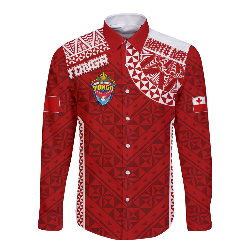 Red long-sleeve rugby button shirt with geometric tribal pattern and chest crest