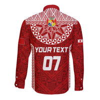 Red long-sleeve rugby button shirt; back shows YOURTEXT 07 and crest