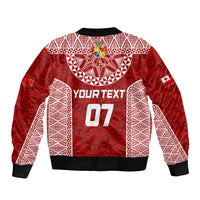 Red bomber jacket back with crest and 'YOUR TEXT' '07' print, ribbed hem and cuffs