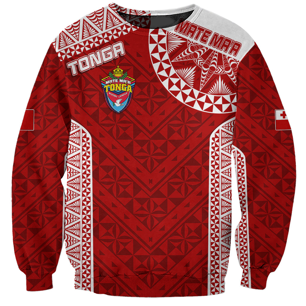 Red crewneck rugby sweatshirt with tribal geometric print and Tonga crest logo