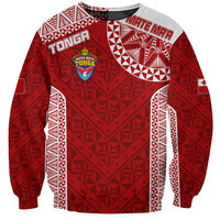 Red crewneck rugby sweatshirt with tribal geometric print and Tonga crest logo