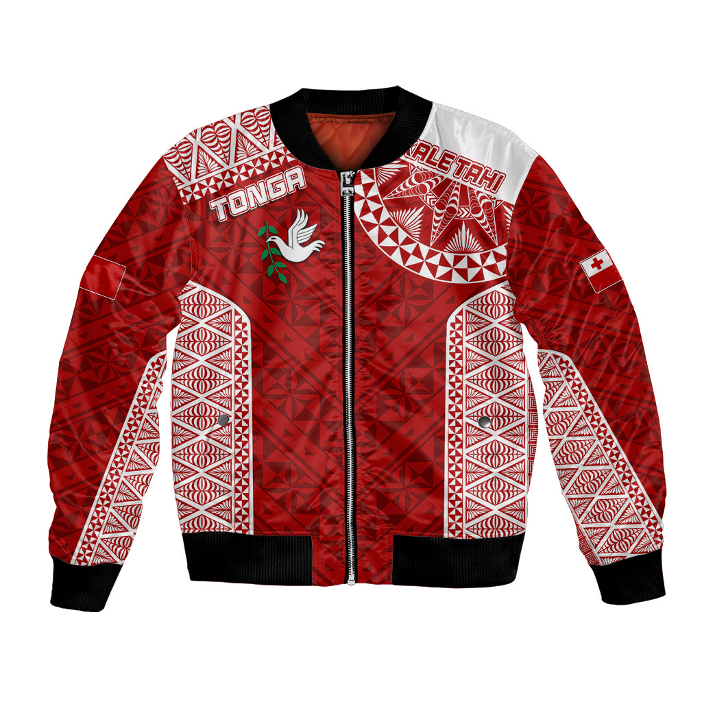 Red and white patterned rugby bomber jacket with front zip and ribbed trims